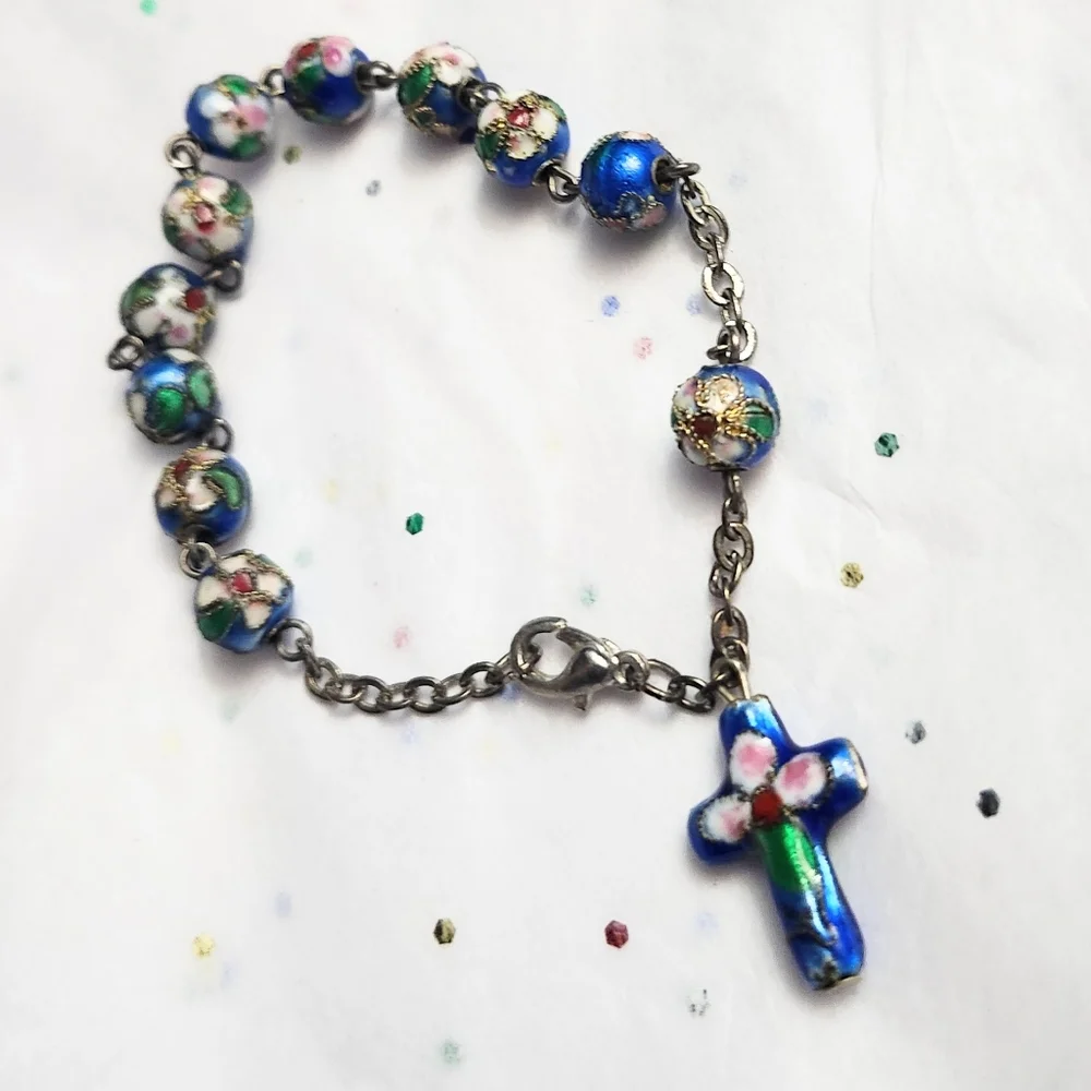 Vtg Cloissone Cloisonne Blue Enamel Rosary Cross Prayer Bead Bracelet - Picture 3 of 4